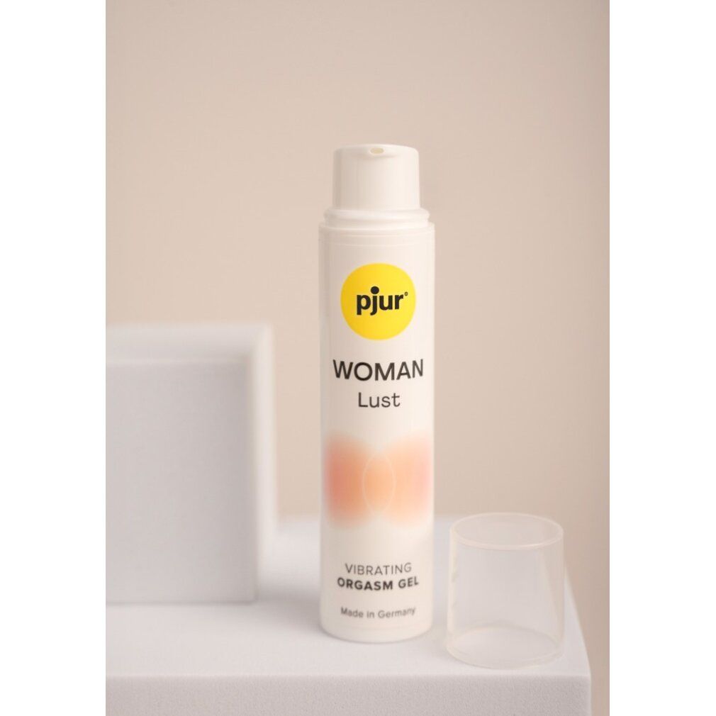 Flacone bianco con etichetta gialla. Nome e testo del prodotto. Tappo trasparente. Testo: Vibrating Orgasm Gel. Prodotto in Germania.