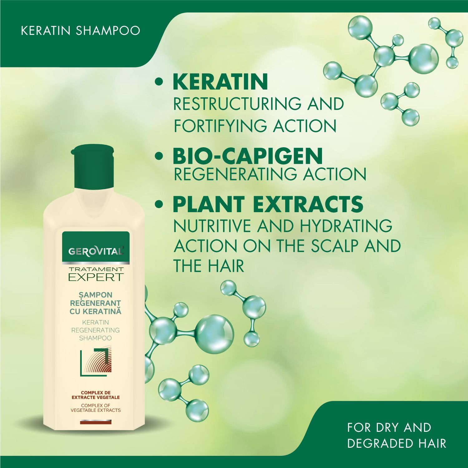Flacone di shampoo con tappo verde e testo. Scritta: Gerovital, Tratament Expert, Sampon Regenerant cu Keratină.