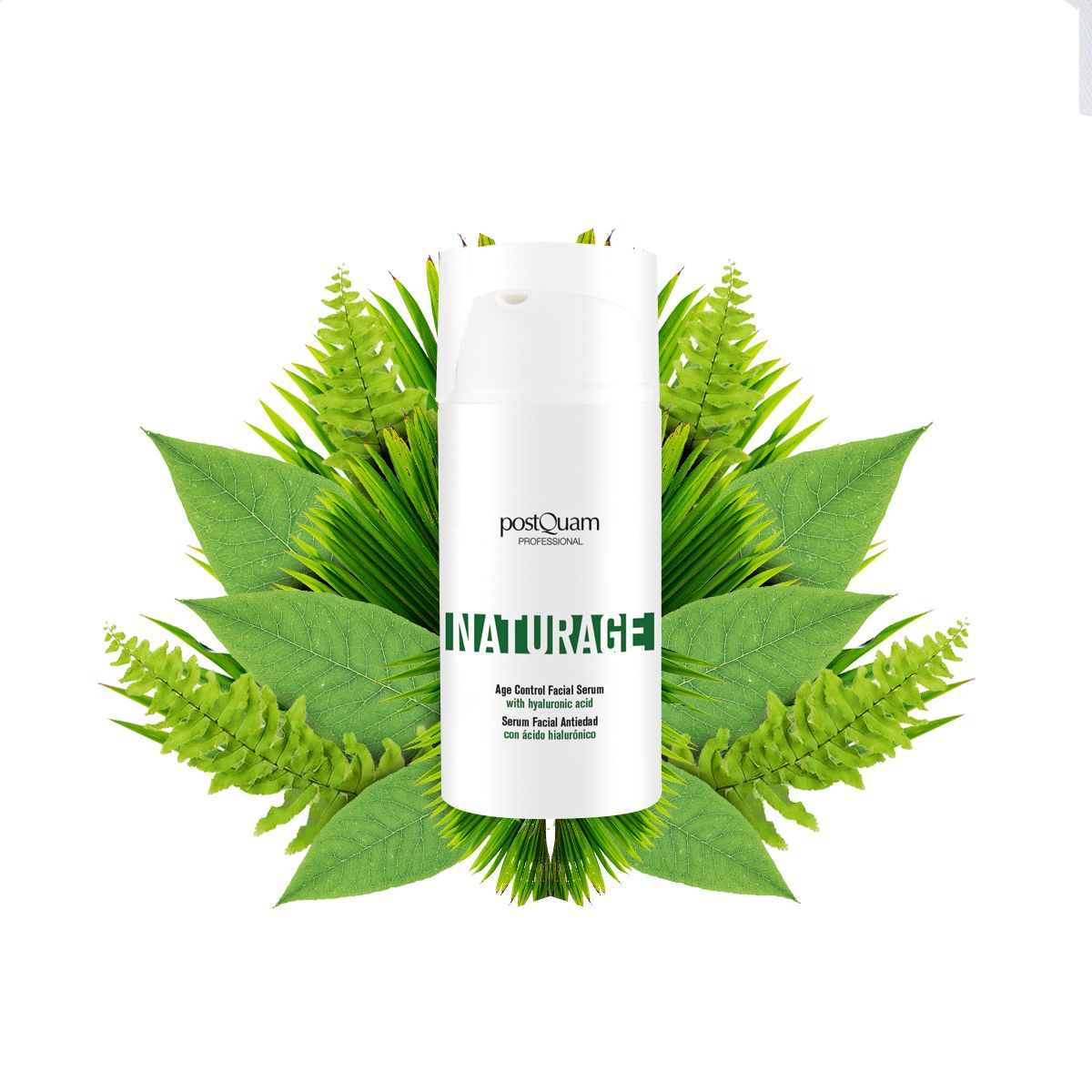 Flacone di siero bianco circondato da foglie verdi. Scritte: Postquam, INATURAGE, Age Control Facial Serum.