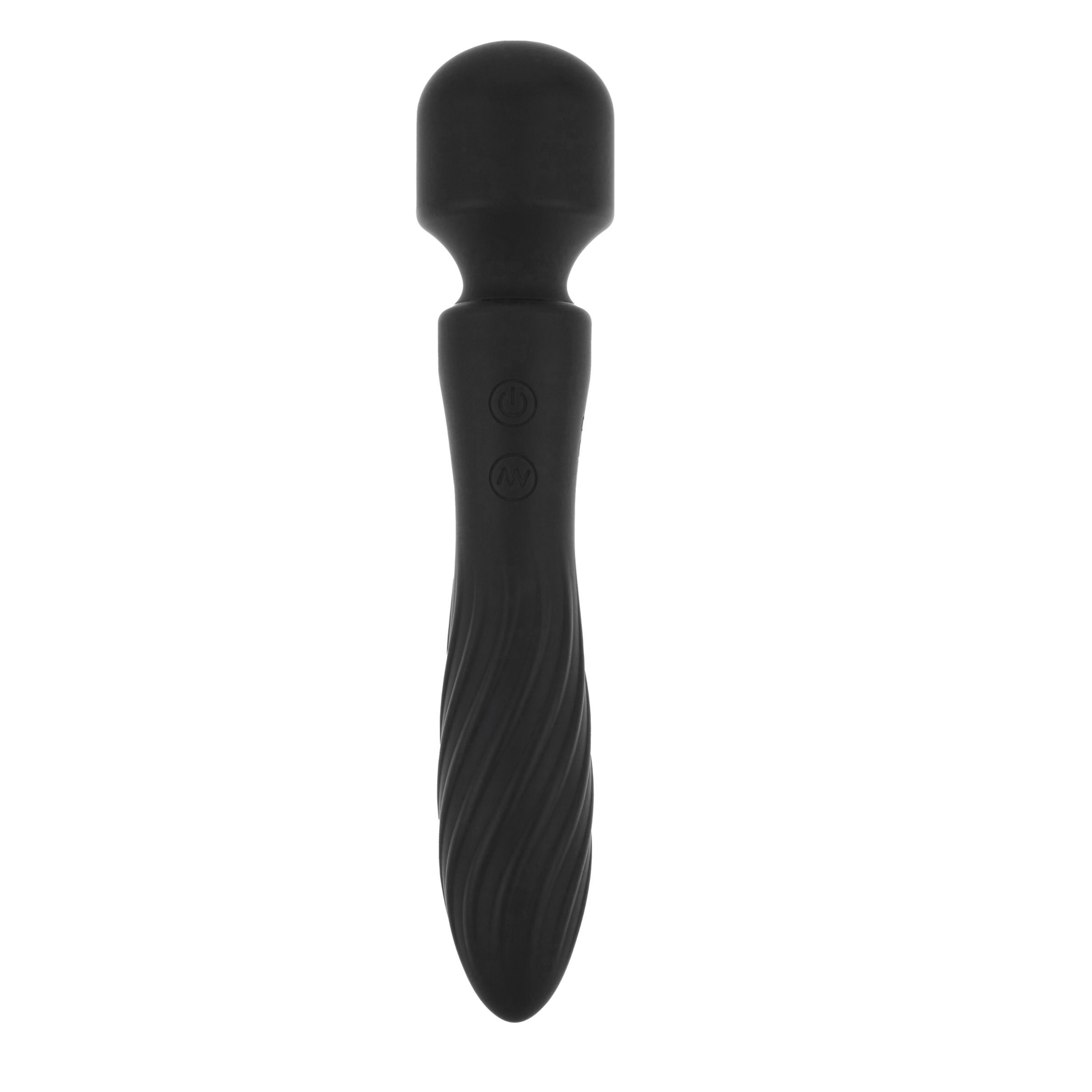 Massaggiatore nero con testa arrotondata e manico scanalato. Sono visibili due pulsanti.