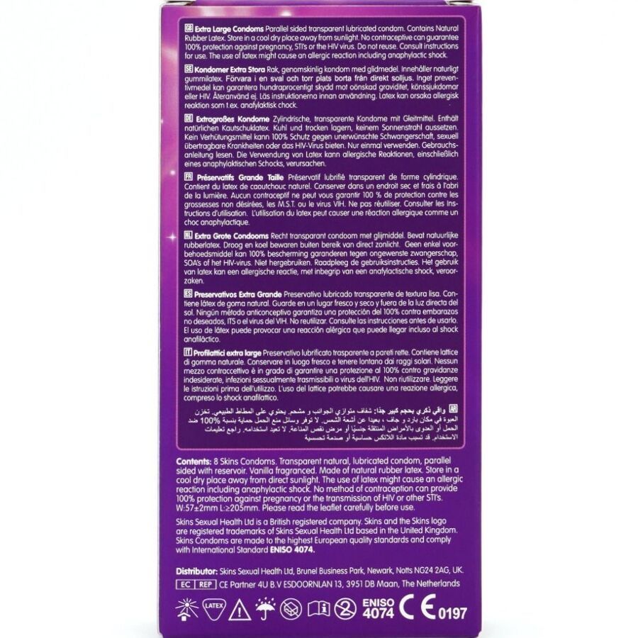 Retro della confezione con informazioni sui preservativi SKINS Extra Large. Testo multilingue. Ingredienti e certificazioni.