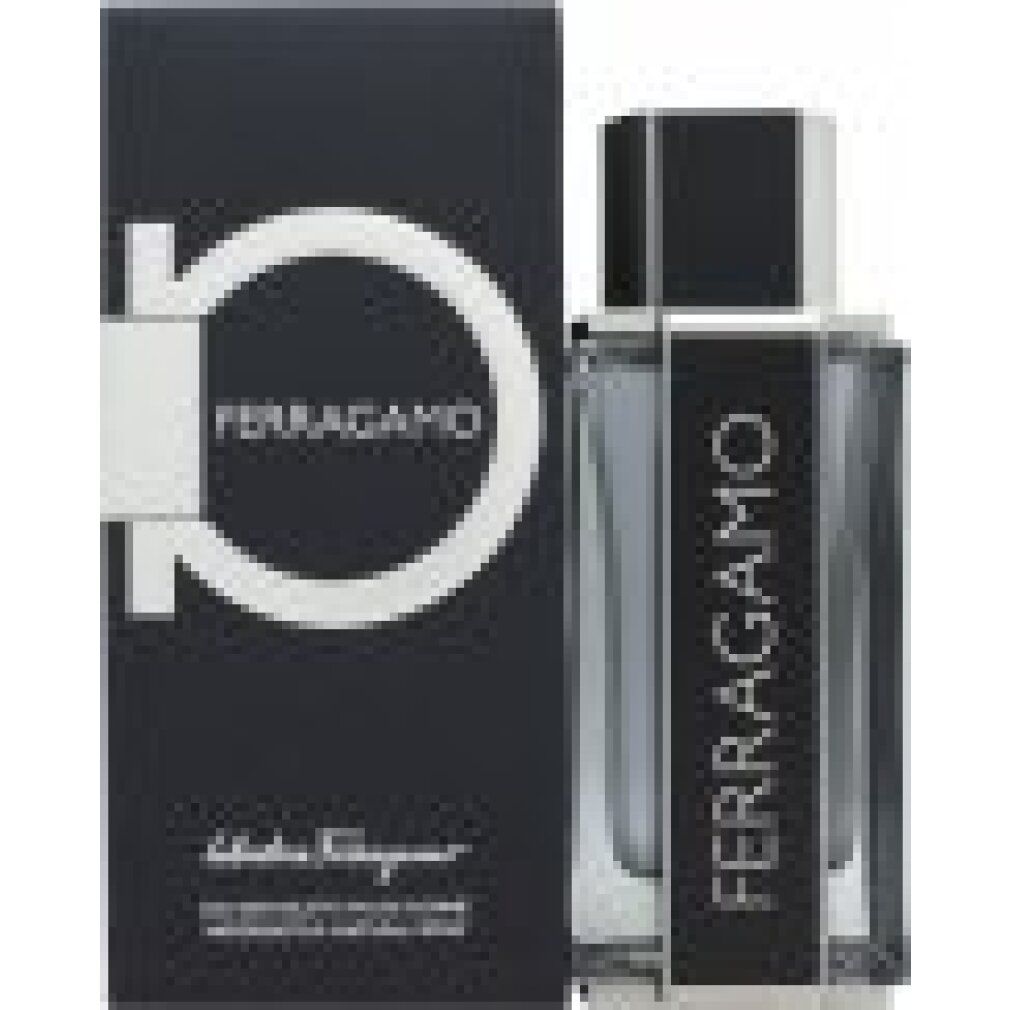 Flacone e scatola. Scatola nera con logo Ferragamo bianco. Flacone con scritta Ferragamo.