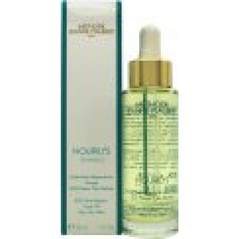 Flacone di olio per il viso con tappo dorato e contagocce bianco, accanto a una scatola. Scritta: NOURILYS.