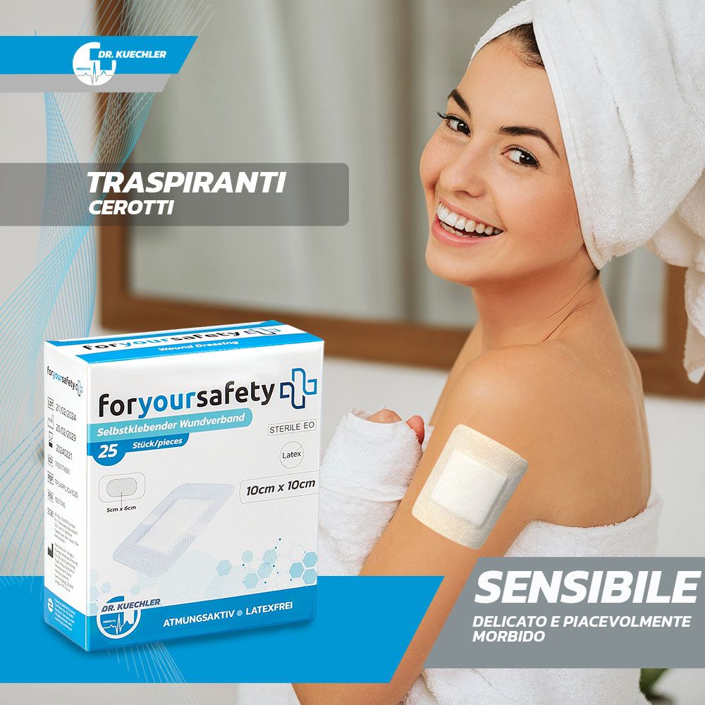 Donna con asciugamano, cerotto sul braccio. Testo: Sensibile. Traspirante e senza lattice. Confezione sullo sfondo.