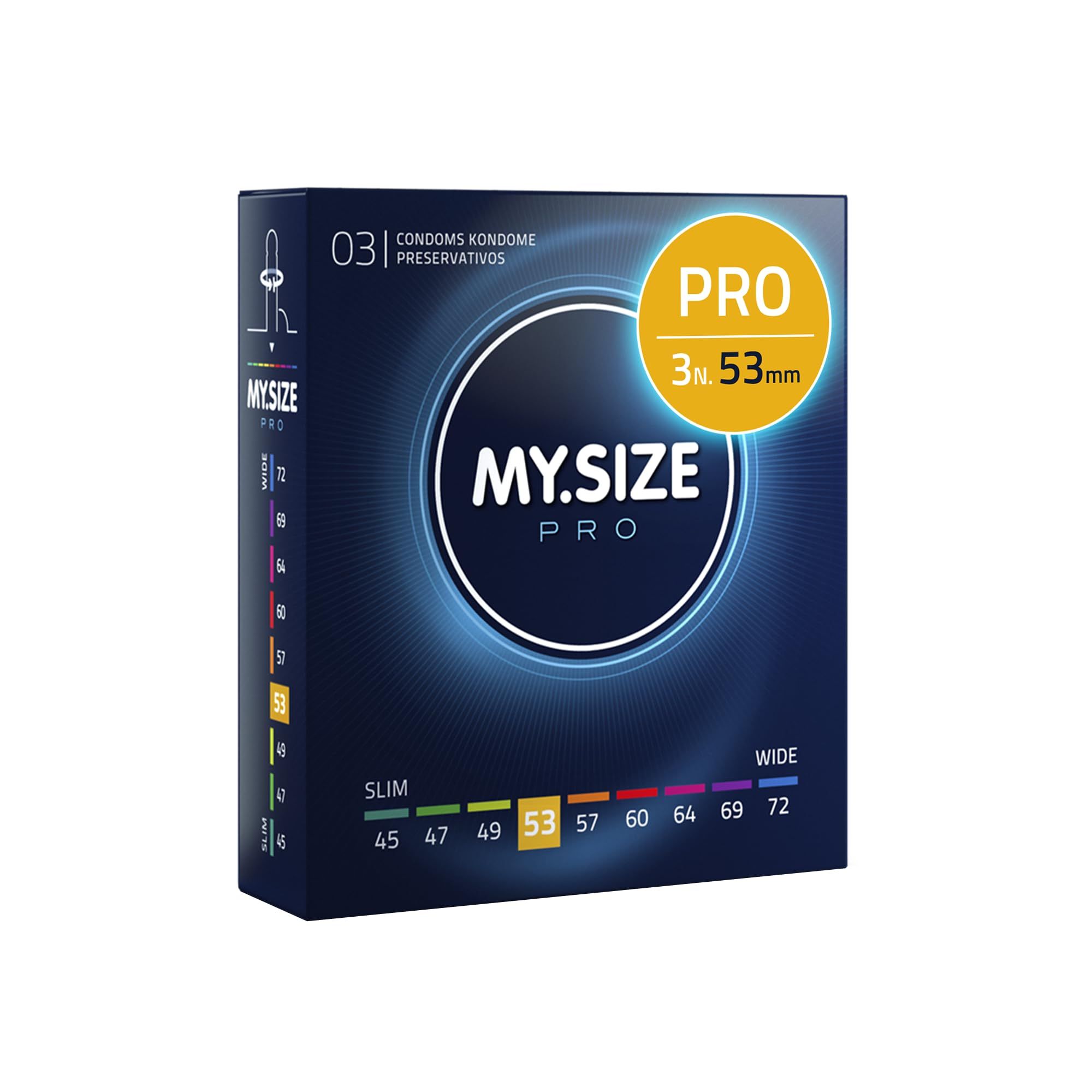 Confezione di preservativi My.Size PRO, 3 pezzi, larghezza 53mm.