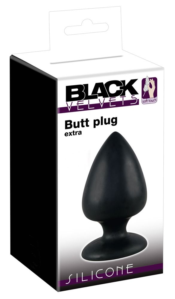 Confezione per un tappo anale in silicone nero con ventosa.