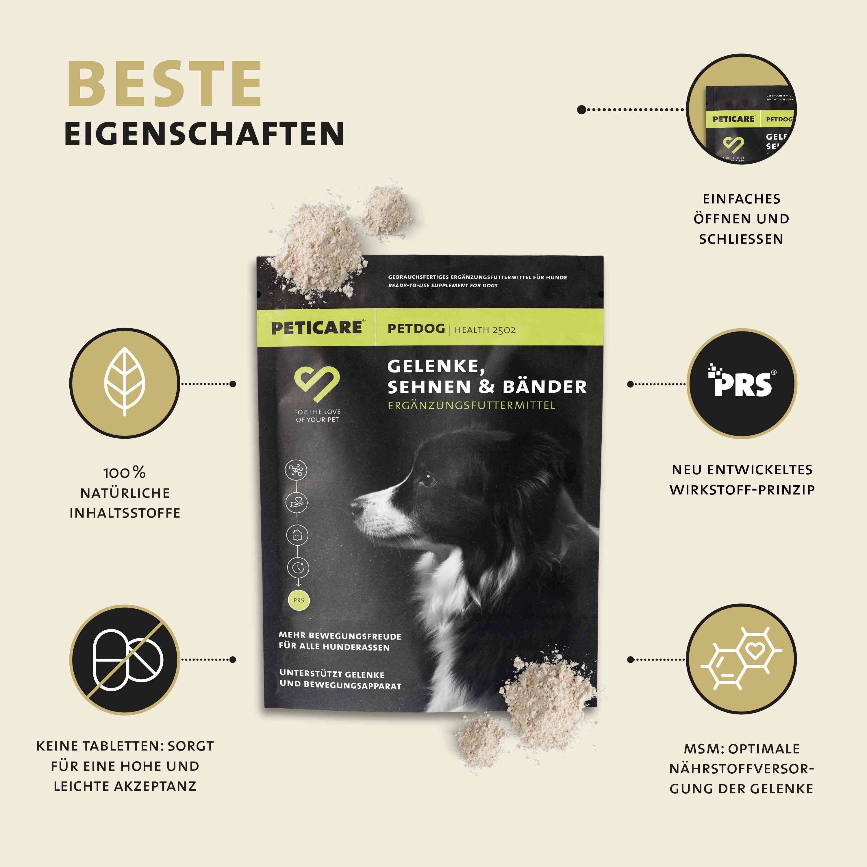 Sacchetto Peticare Gelenke Pulver-Mix con icone per ingredienti naturali.