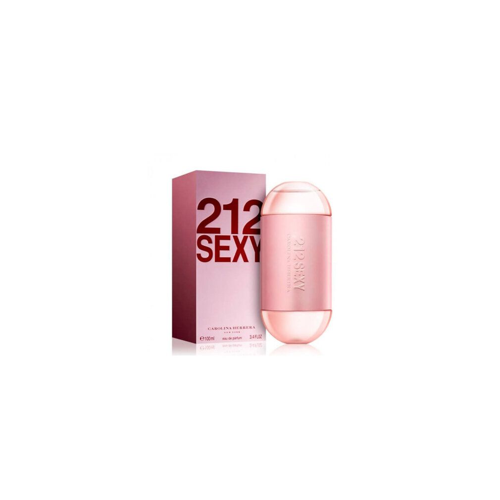 Flacone e confezione rosa con scritta 212 SEXY. Marchio Carolina Herrera. Eau de Parfum. 3.4 FL.OZ.