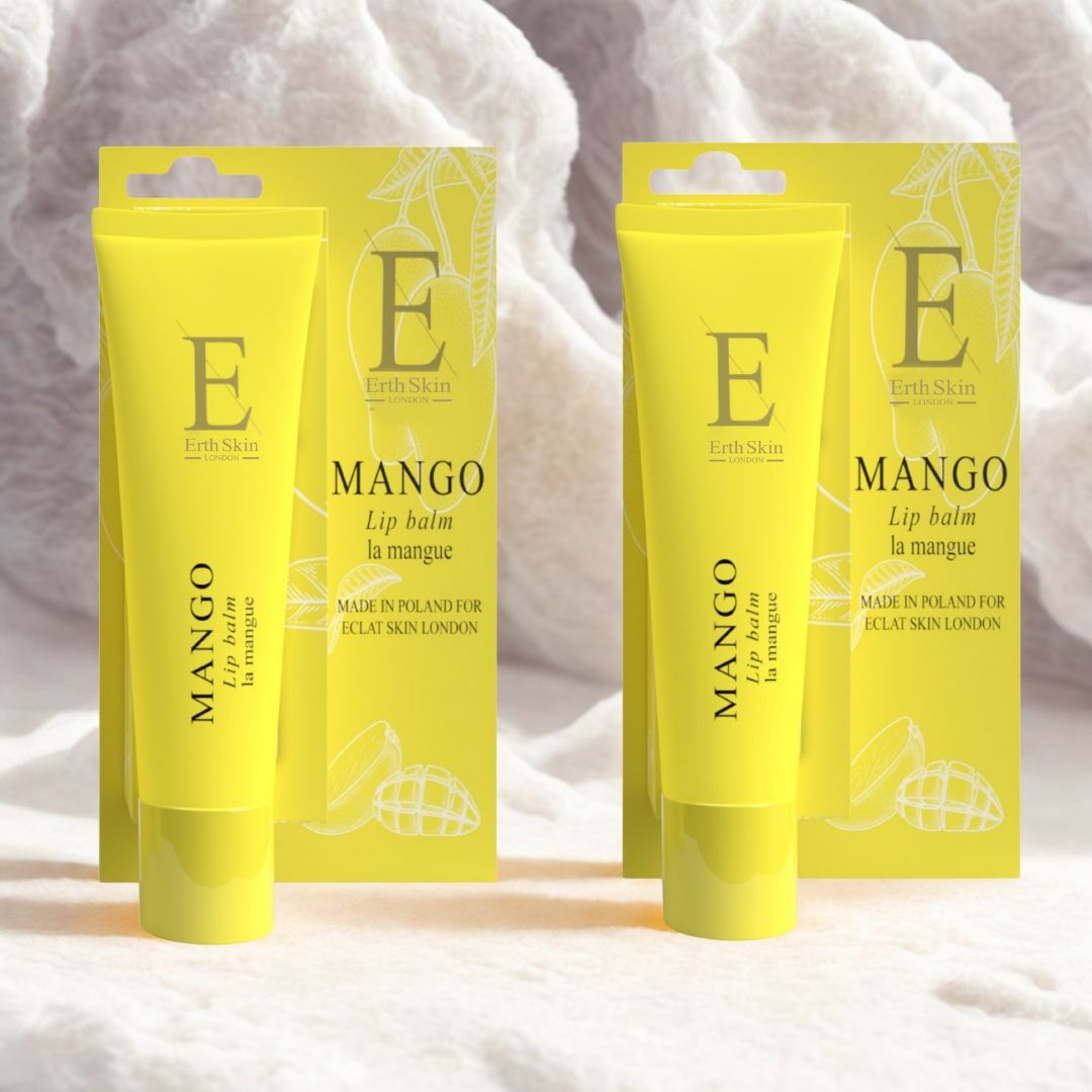 Due tubetti di balsamo labbra gialli con confezione. Scritta: Mango, Eclat Skin London. Confezione gialla con illustrazione di mango.