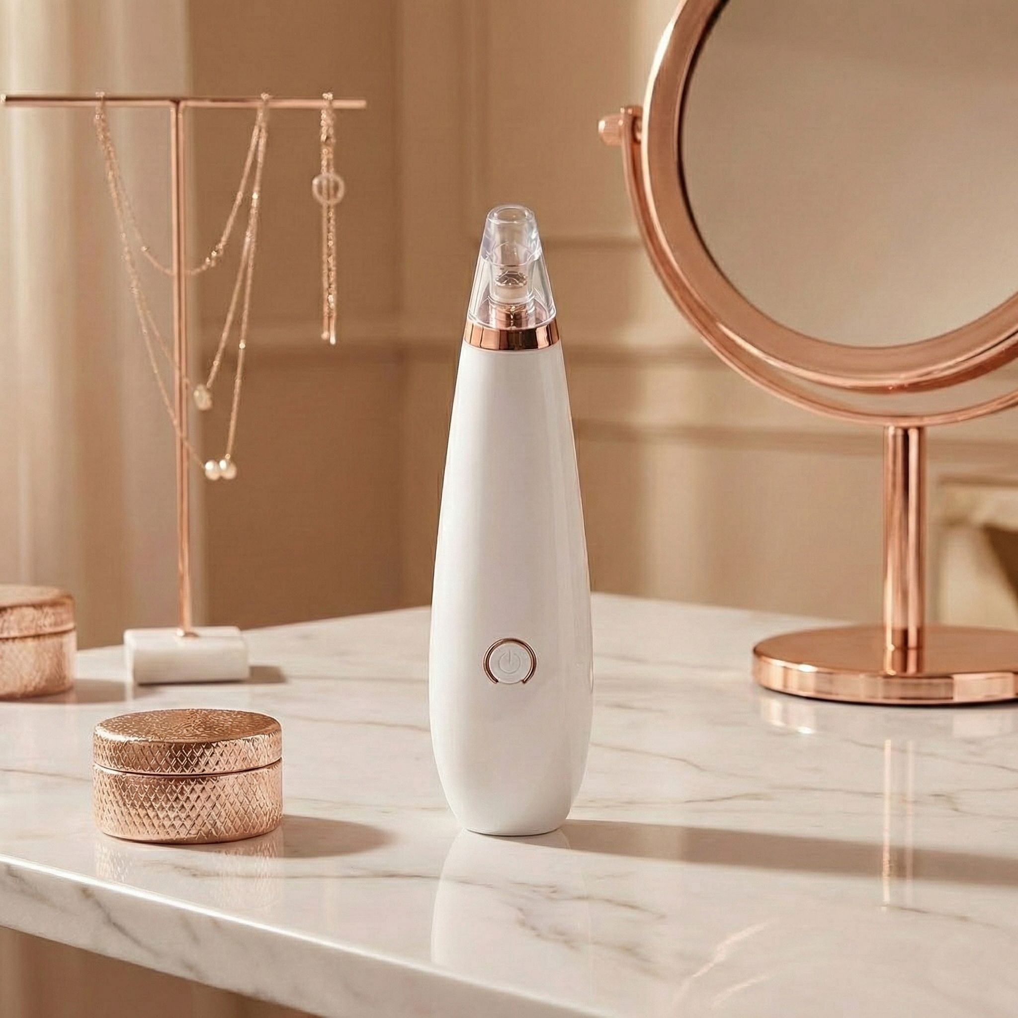 Un rimuovi punti neri bianco con accenti oro rosa su un tavolino da toeletta.