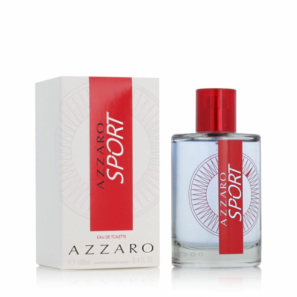 Flacone in vetro con tappo rosso e fascia rossa con scritta "AZZARO SPORT". Accanto, una scatola bianca con fascia rossa e logo.