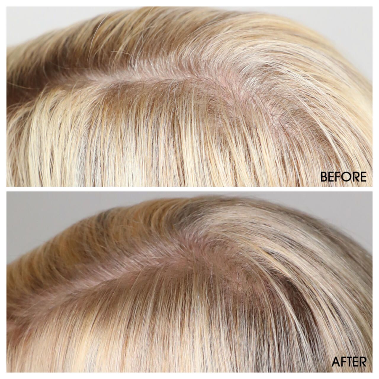 Due immagini: sopra, capelli prima del trattamento; sotto, capelli dopo il trattamento. Sfondo chiaro.