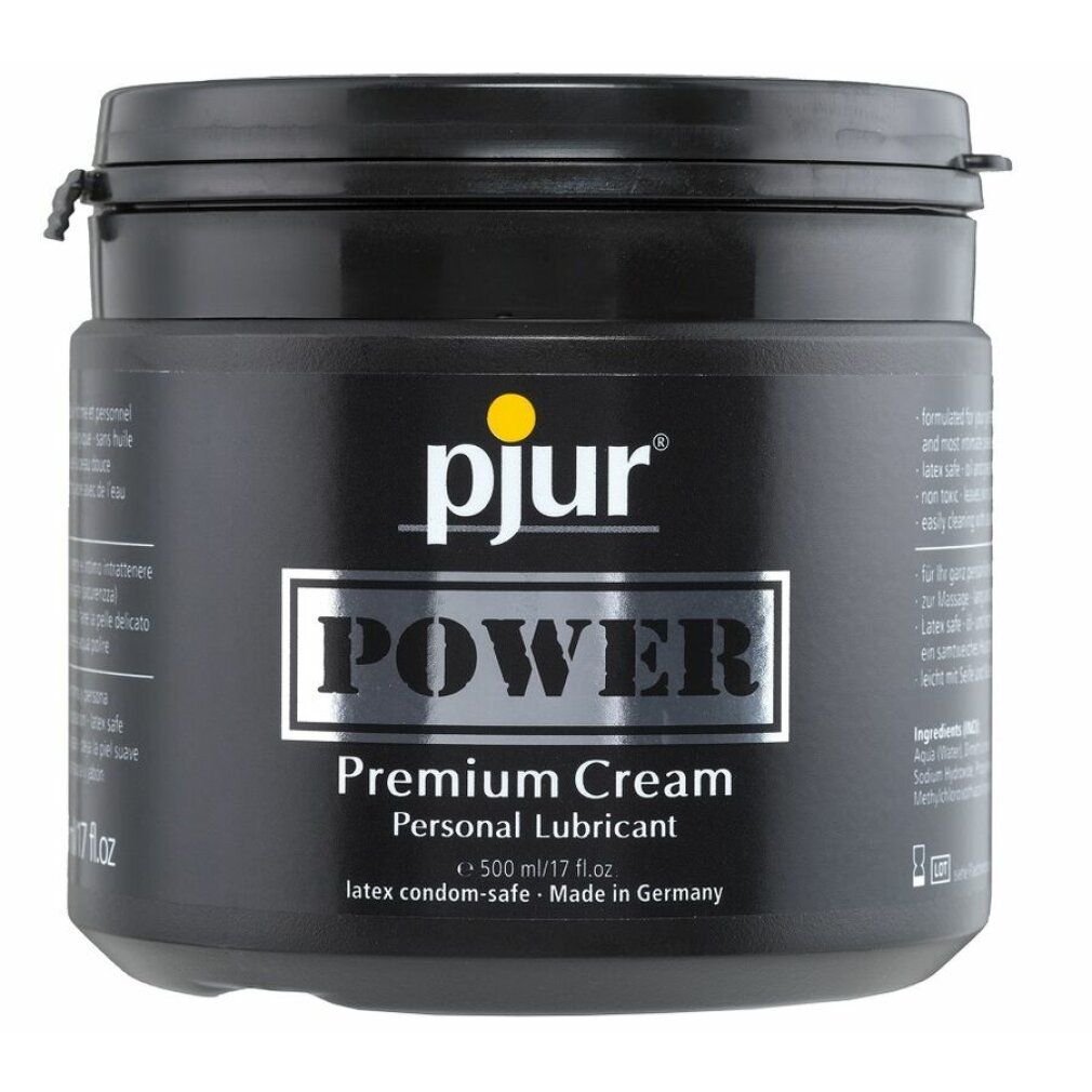 Vaso nero con coperchio. Scritta: pjur, POWER, Premium Cream, Personal Lubricant, e 500 ml/17 fl.oz, latex condom-safe, Made in Germany.