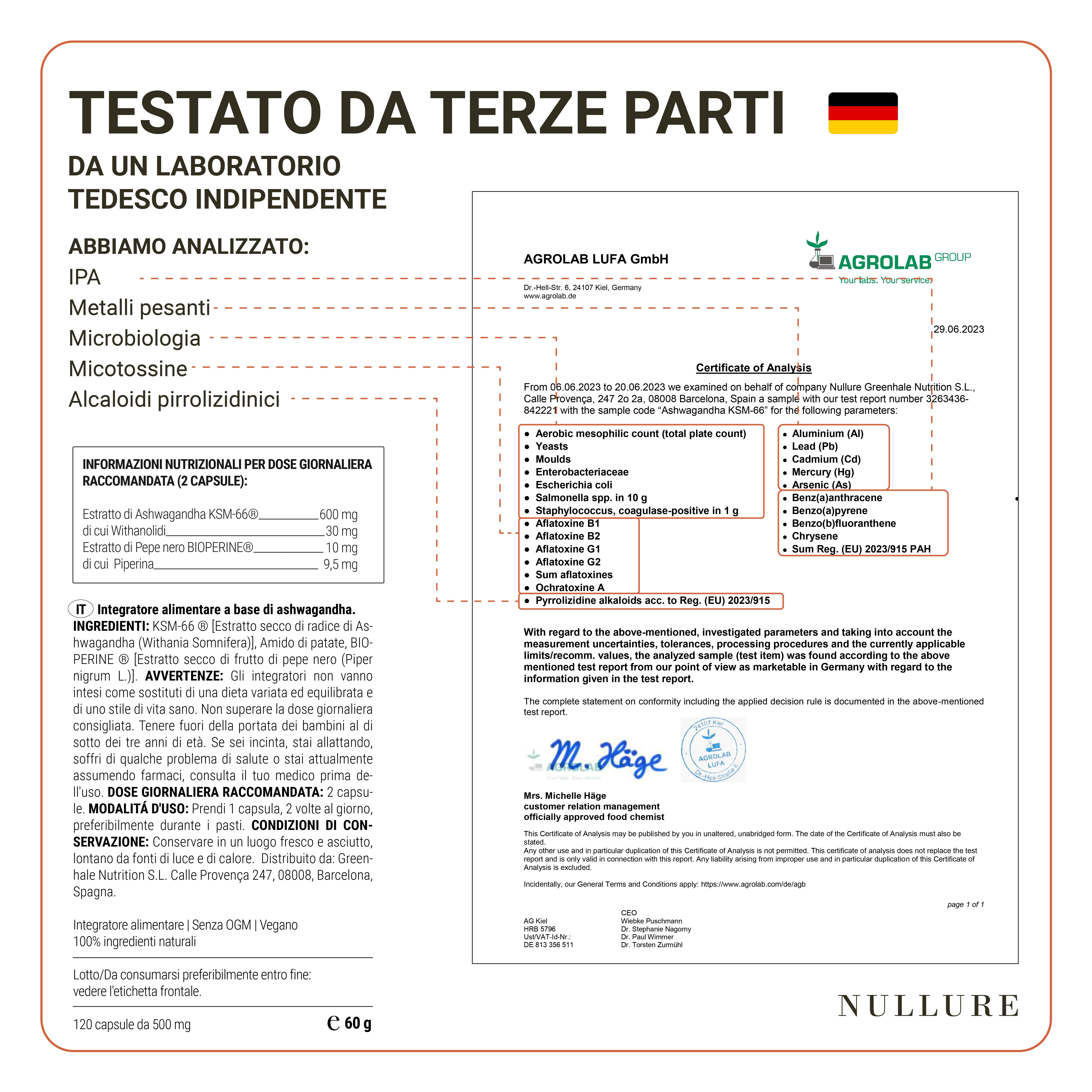 Certificato di un laboratorio tedesco. Testo: Testato da terzi. Testato per IPA, metalli pesanti, microbiologia, micotossine, alcaloidi pirrolizidinici.