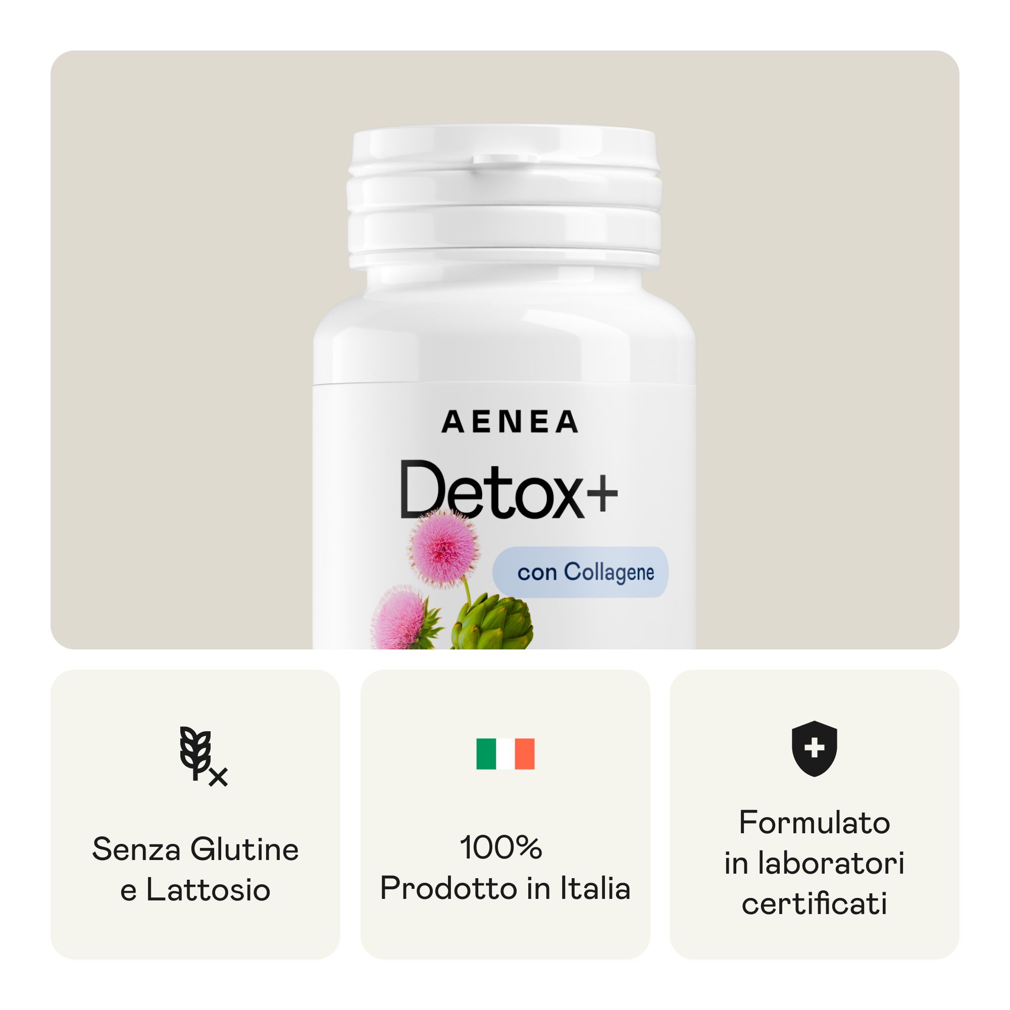 Flacone bianco Aenea Detox+ compresse. Testo: Senza glutine e lattosio, 100% prodotto in Italia, Formulato in laboratori certificati.