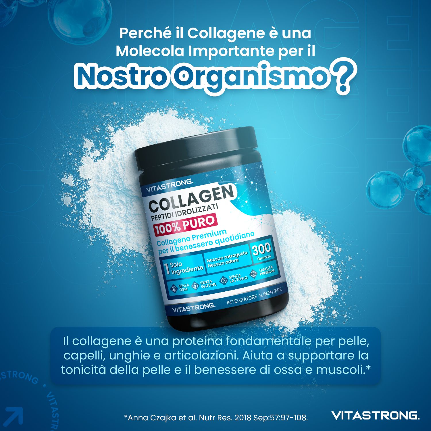 Barattolo di Collagene Vitastrong, 300 g. Su polvere bianca. Testo: 100% puro, peptidi, per il benessere quotidiano.