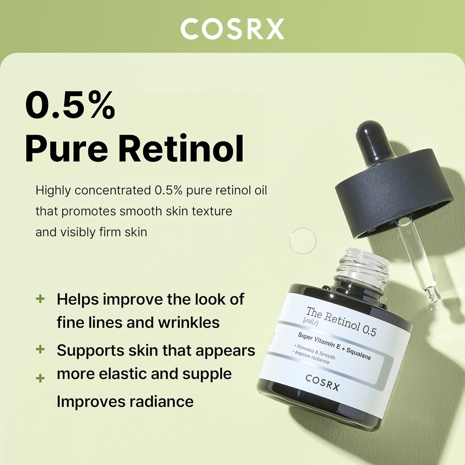 Flacone in vetro con contagocce. Scritta: The Retinol 0.5. Super Vitamina E + Squalane. Logo COSRX. Testo: 0.5% Pure Retinol.