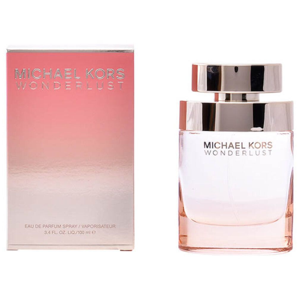 Michael Kors Wonderlust Edp Spray. Flacone con tappo dorato, sfumatura rosa. Scatola con sfumatura rosa e scritta.