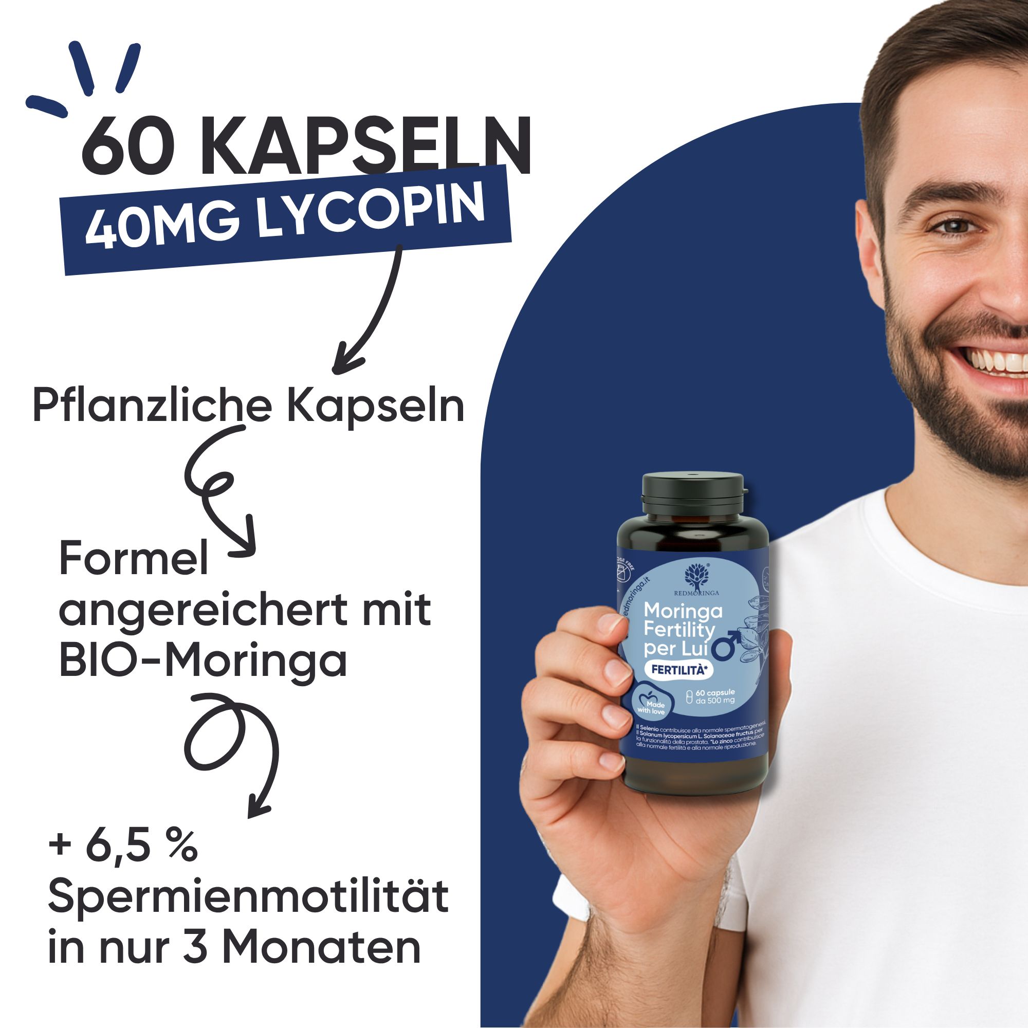 Uomo che tiene una bottiglia di capsule. Testo: "60 capsule, 40mg Licopene", "Capsule vegetali", "Formula arricchita con Moringa BIO".