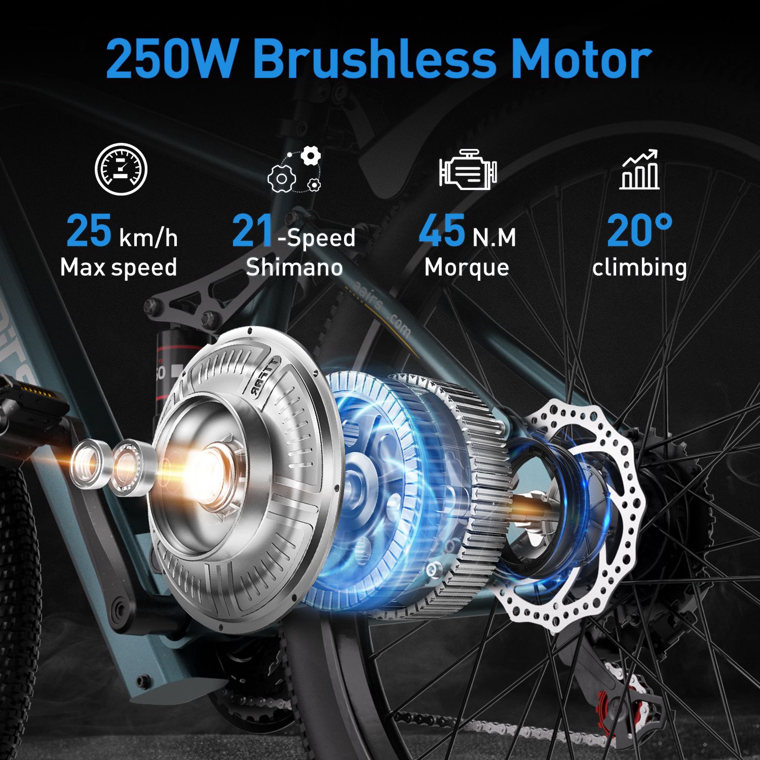 Schema esploso del motore di una e-bike. Etichette: 250W Brushless Motor, 25 km/h velocità max, 21 velocità Shimano, 45 N.M. coppia, 20° pendenza.