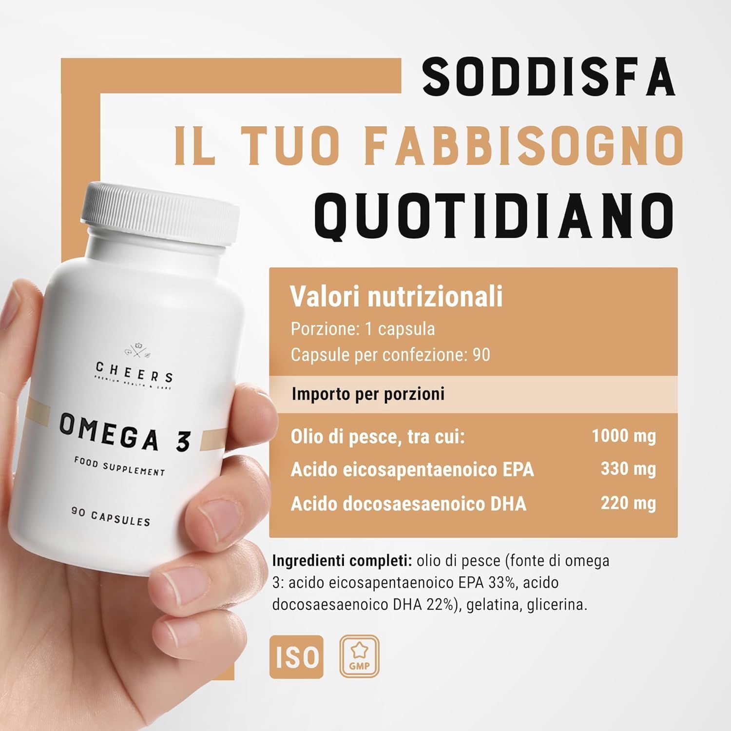 Mano che tiene flacone Omega 3. Testo: Soddisfa il tuo fabbisogno quotidiano. Valori nutrizionali: 1 capsula, 90 per contenitore.