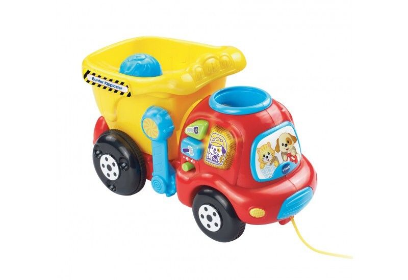 Autocarro ribaltabile giallo e rosso. Cassone giallo con adesivo, cabina rossa con immagini, corda gialla.