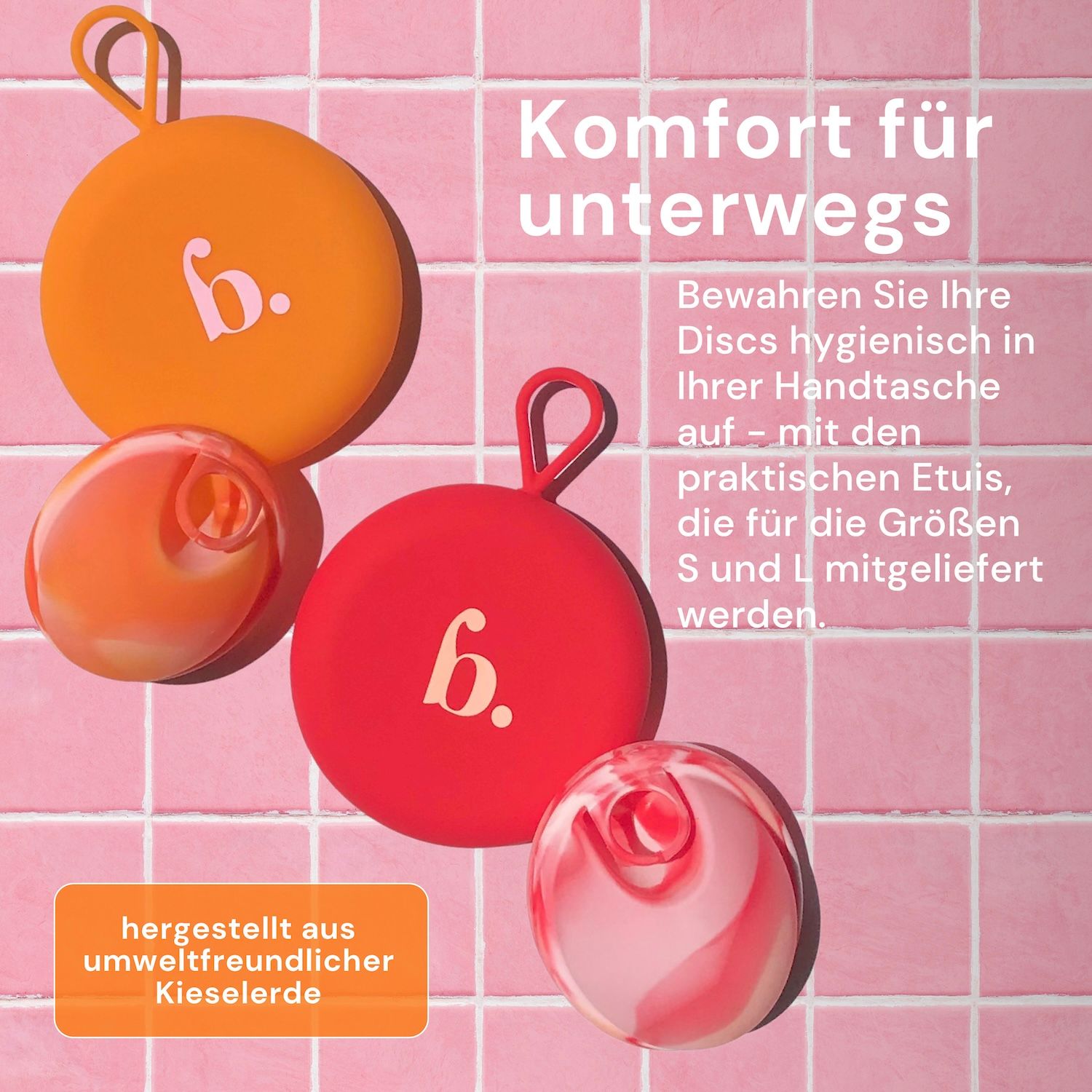 Dischi mestruali in vari colori e forme. Dischi rossi e arancioni, con custodie.