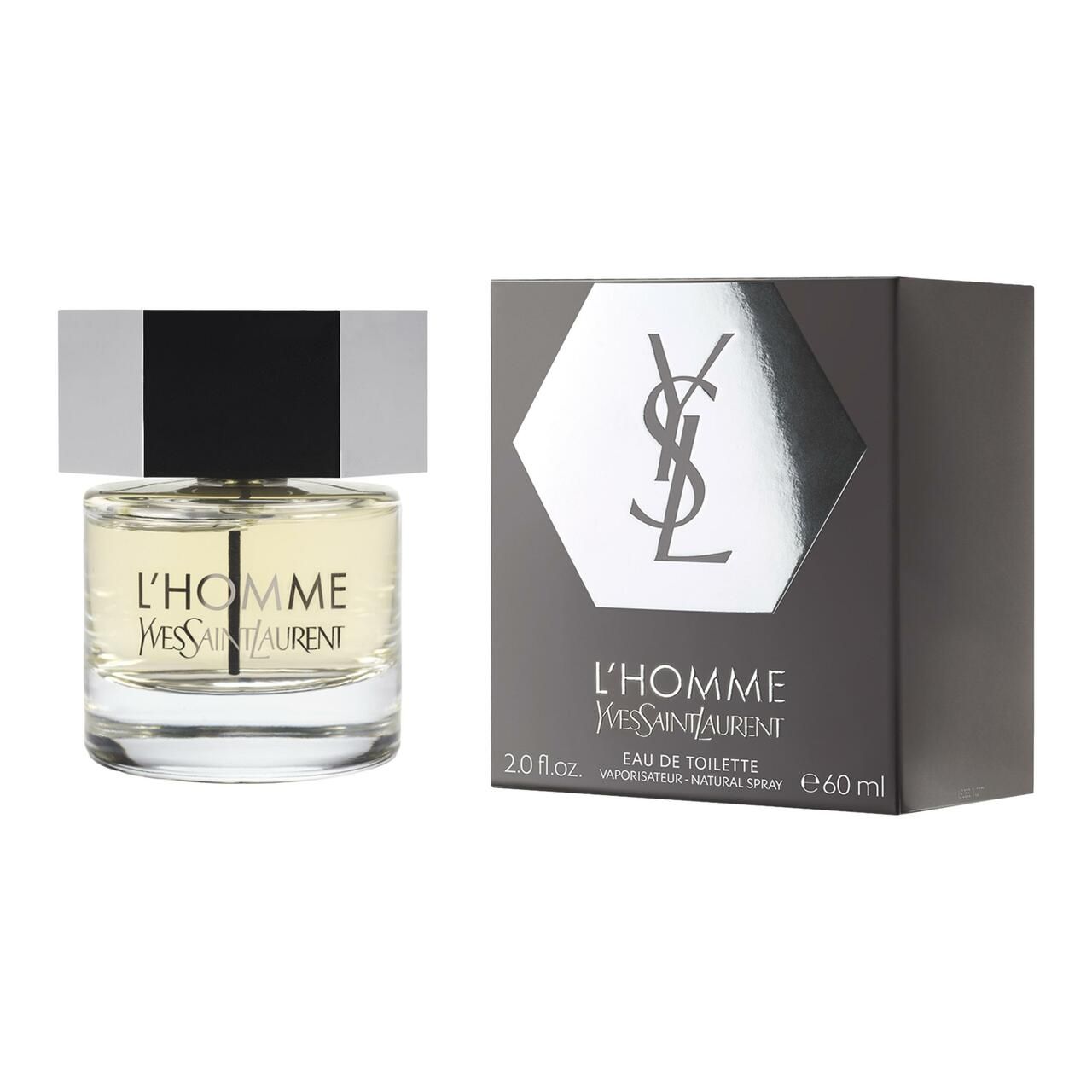 L'Homme EdT Vapo e confezione. Flacone in vetro con tappo argentato e parte centrale nera. Confezione nera con logo e nome del prodotto.