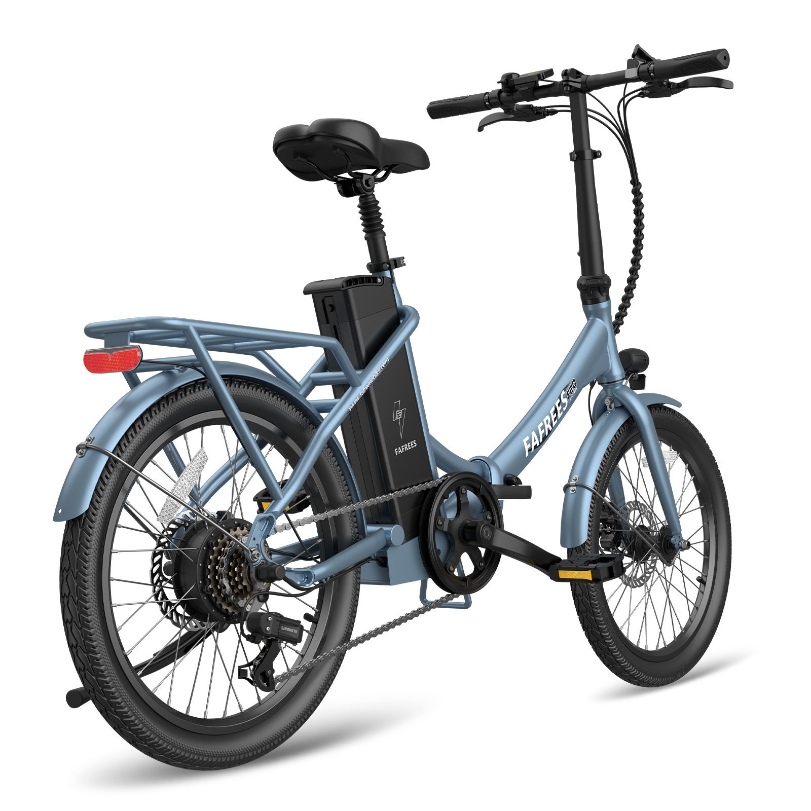 E-bike Fafrees F20 blu. Telaio pieghevole, portapacchi, freni a disco. Batteria sul telaio. Pneumatici e sella neri.