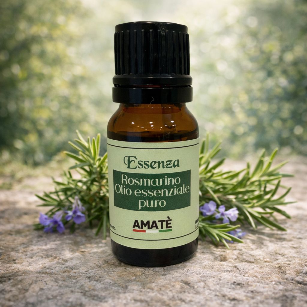 Flacone di vetro marrone con tappo nero. Etichetta con testo: Essenza Rosmarino Olio essenziale puro. Amatè. Rami di rosmarino e fiori.