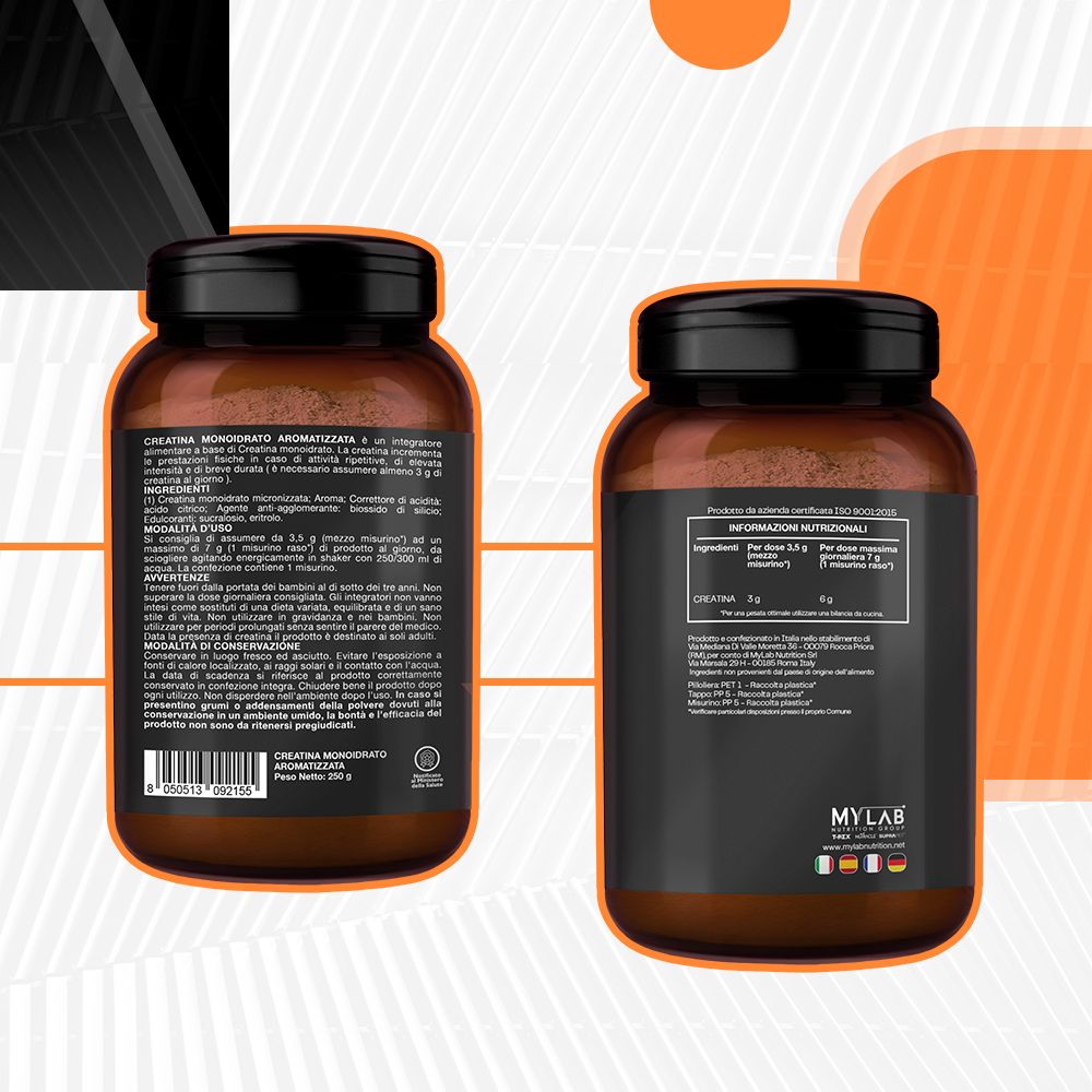 Due confezioni prodotto con testo: Creatina Monoidrato, ingredienti, informazioni nutrizionali. Made in Italy.