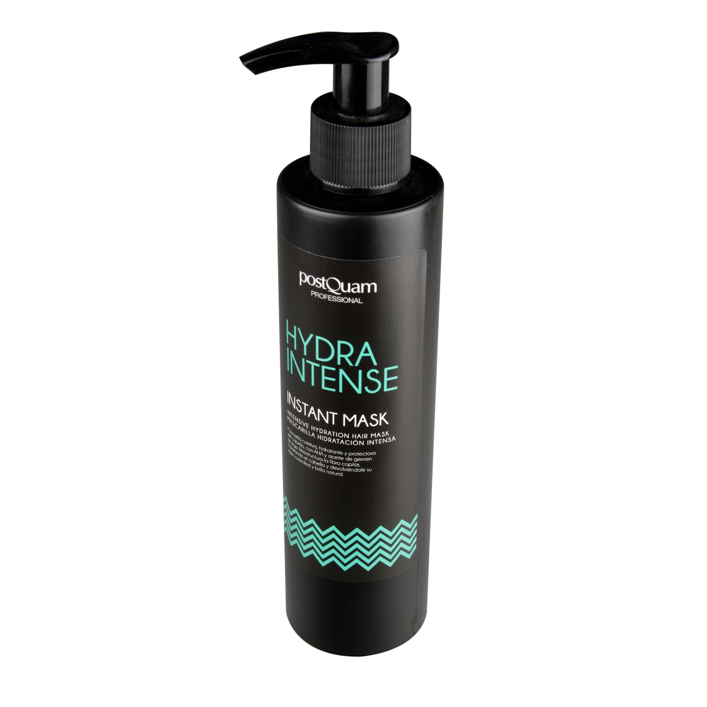 Flacone nero con dosatore. Scritta: Hydra Intense Instant Mask. Motivo a onde verdi.