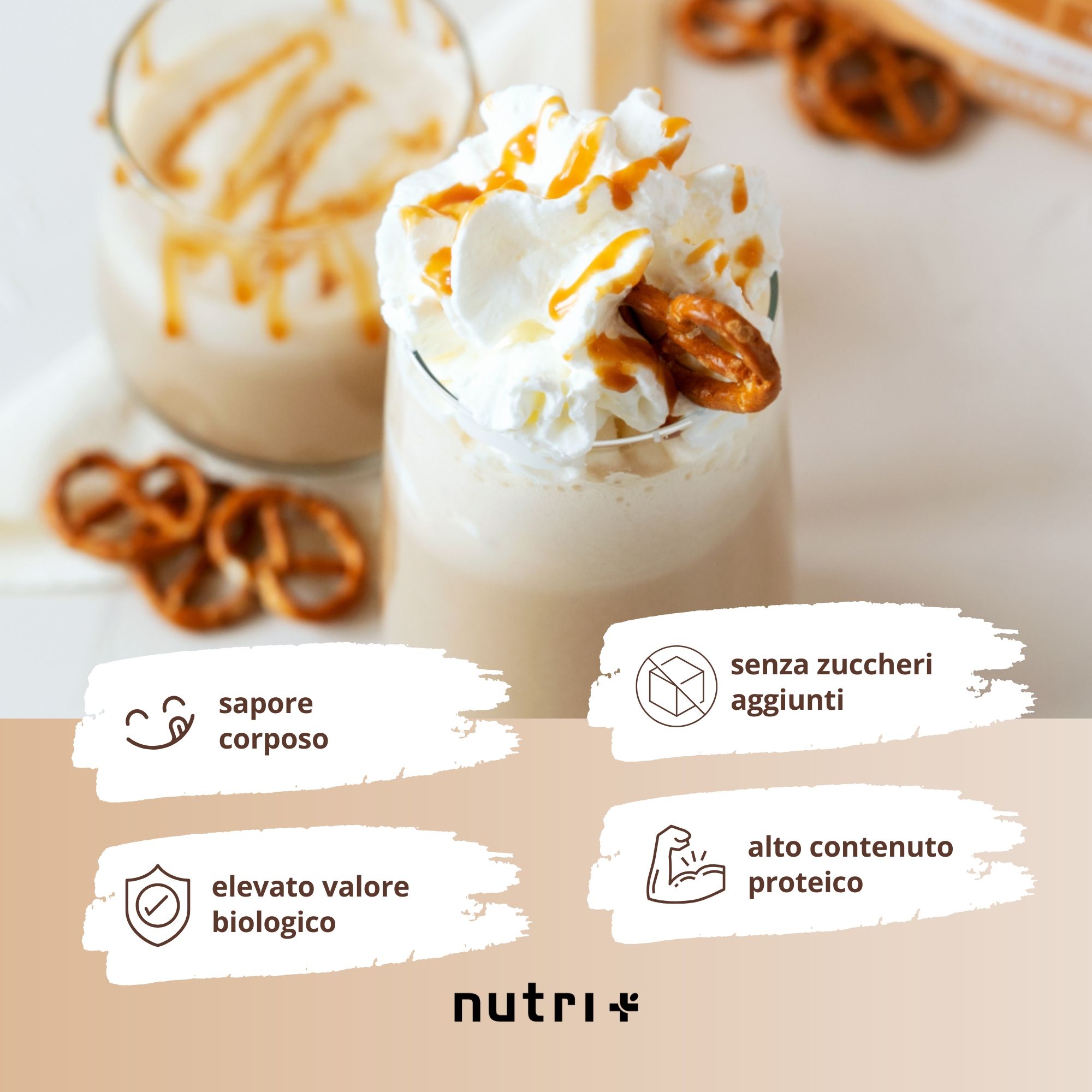 Infografica: Polvere nutri+ 'VEGAN 3K PROTEIN' con icone: 100% vegan, senza lattosio, senza OGM, produzione certificata, profilo aminoacidico completo, buona solubilità, senza zuccheri aggiunti.