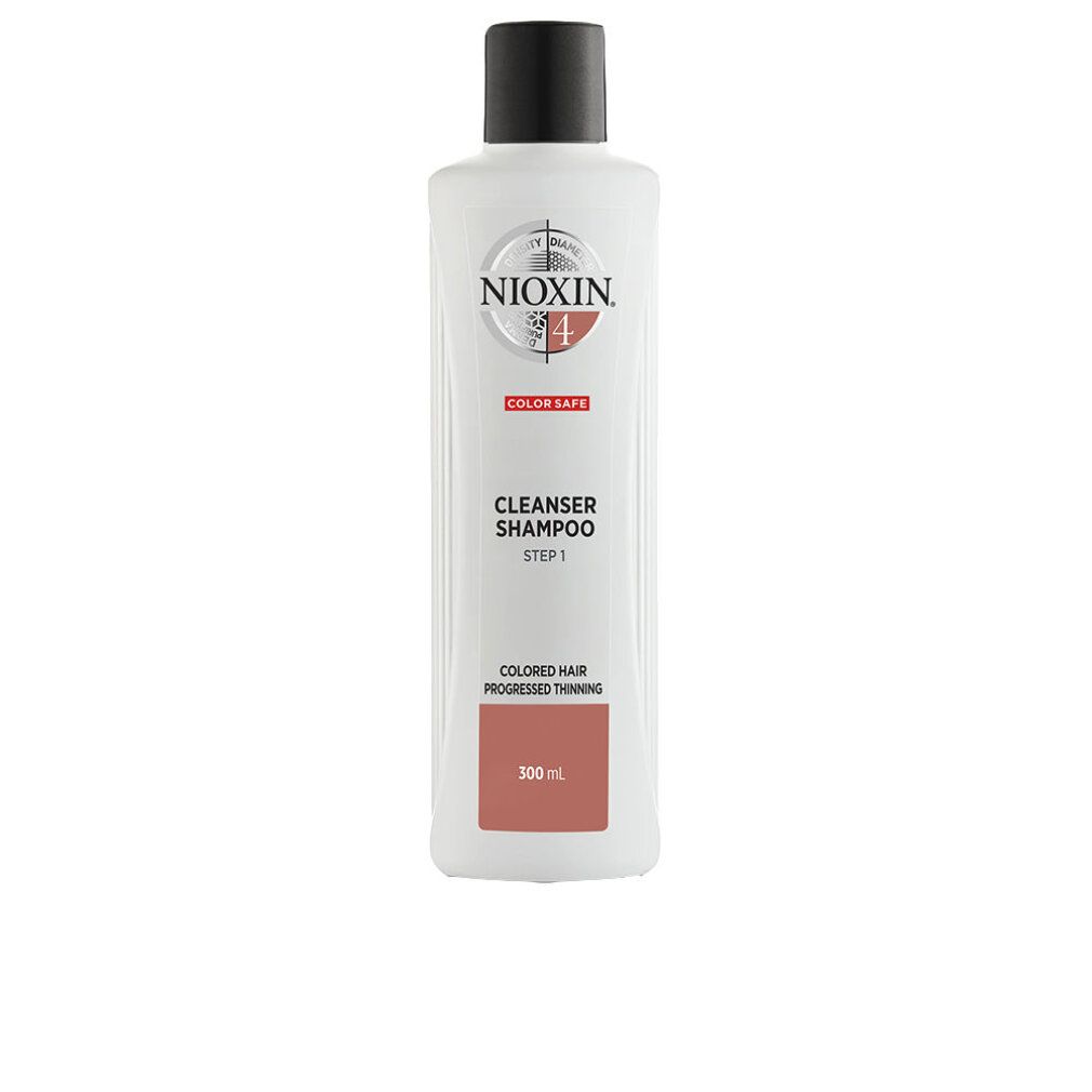 Flacone bianco con tappo nero. Scritta: Nioxin 4, Color Safe, Cleanser Shampoo, Step 1. Per capelli colorati.