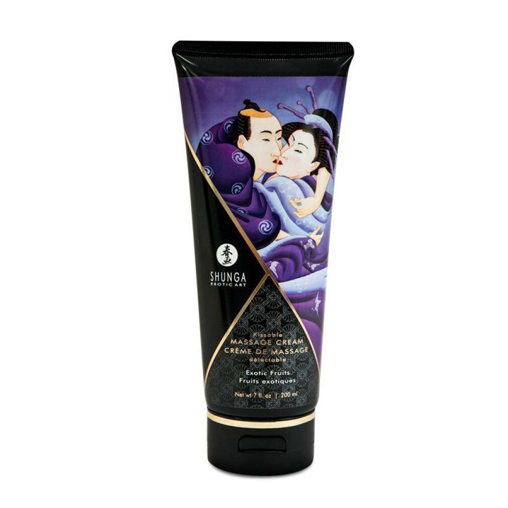 Tubo di crema massaggio, Shunga Exotic Art. Illustrazione di coppia. Scritta: Massage Cream, Exotic Fruits. Tappo nero, tubo viola.