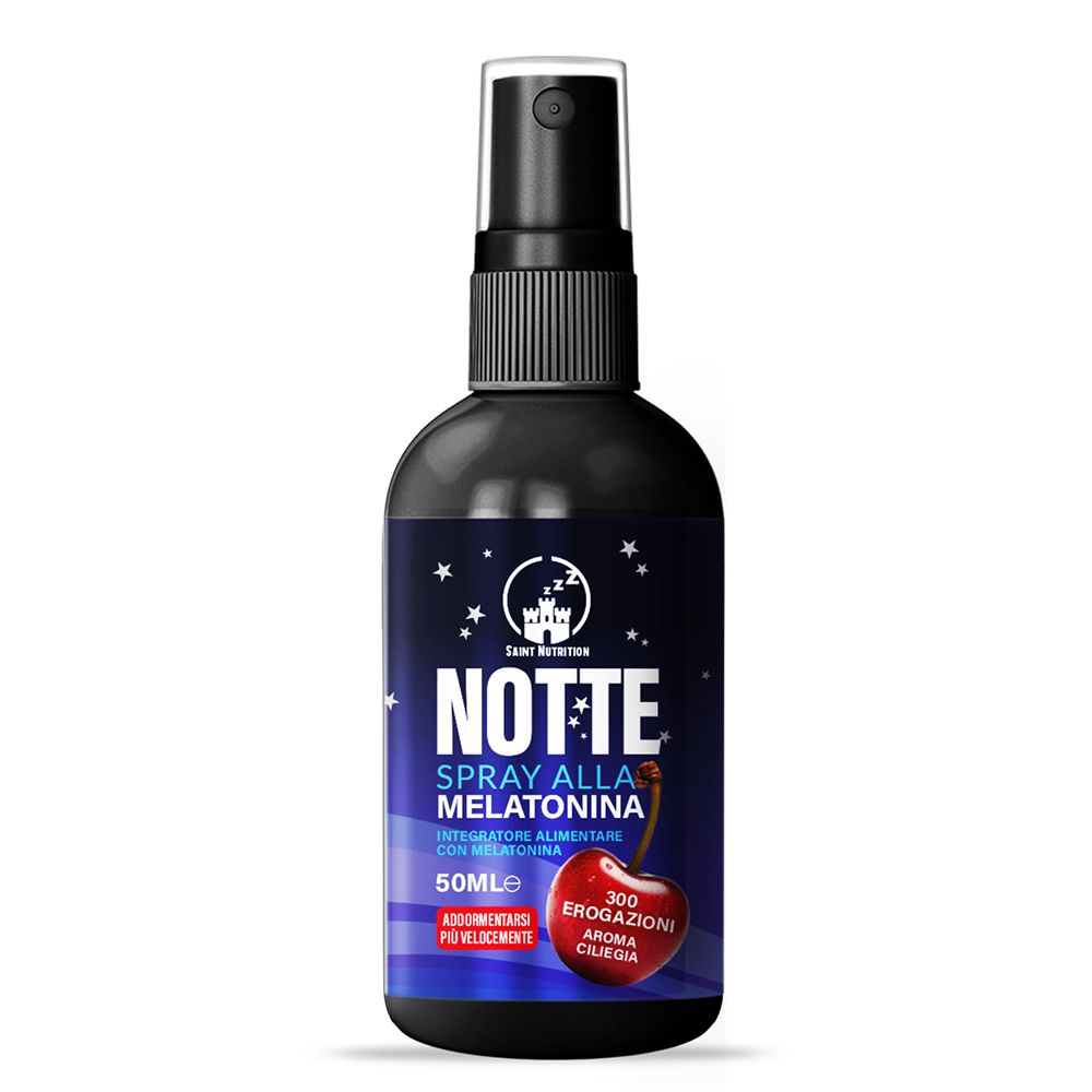 Flacone spray con "Notte Spray alla Melatonina". Aroma ciliegia. 50ml. Marchio: Saint Nutrition.