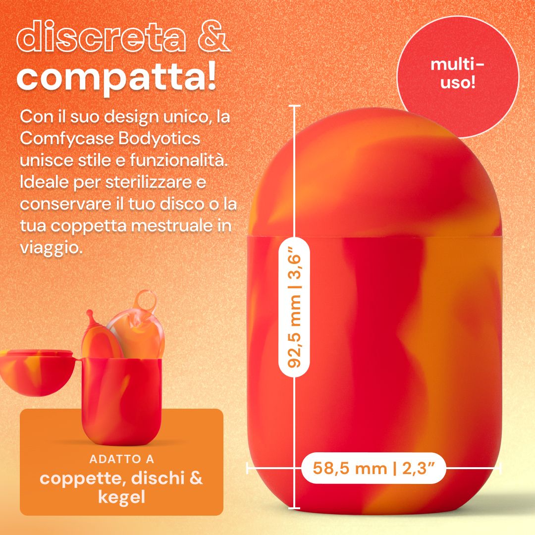 Contenitore sterilizzatore rosso e arancione per coppette e dischi mestruali, dimensioni 92,5mm x 58,5mm.