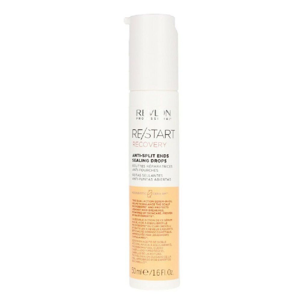 Flacone bianco-beige con scritta RE/START RECOVERY. Anti-Split Ends Sealing Drops. 50ml/1.6 fl.oz.