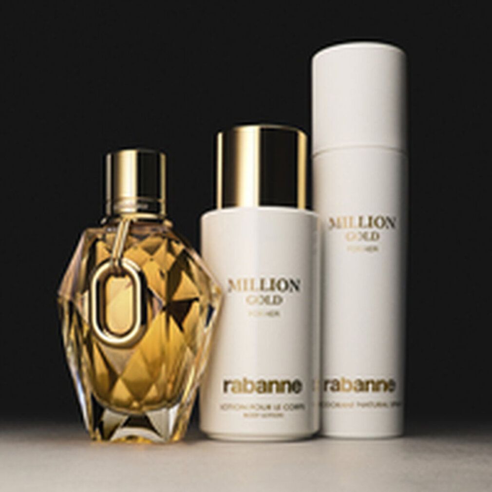 Tre prodotti: flacone di profumo, lozione e deodorante. Scritta: MILLION GOLD FOR HER, rabanne.