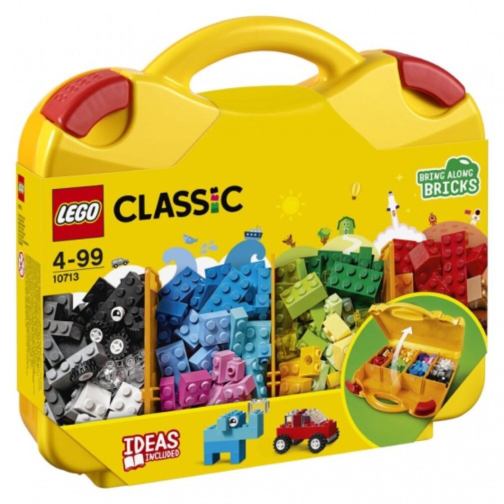 Valigetta gialla LEGO Classic con chiusure rosse. Contiene mattoncini colorati in scomparti. Scritta: LEGO CLASSIC, 4-99, 10713.
