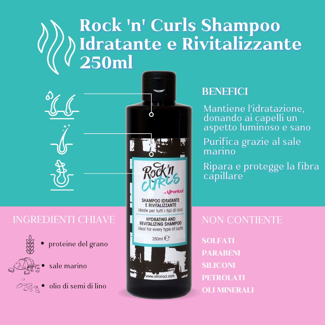 Flacone nero con etichetta. Testo: Rock 'n' Curls Shampoo Idratante e Rivitalizzante. Su sfondo rosa e blu.