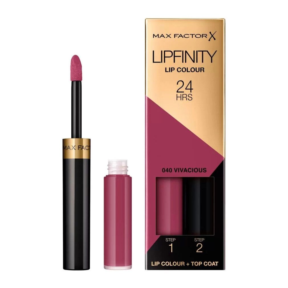 Max Factor Lipfinity Lip Colour, tonalità 040 Vivacious, con confezione. Un prodotto per labbra con applicatore e un altro aperto.