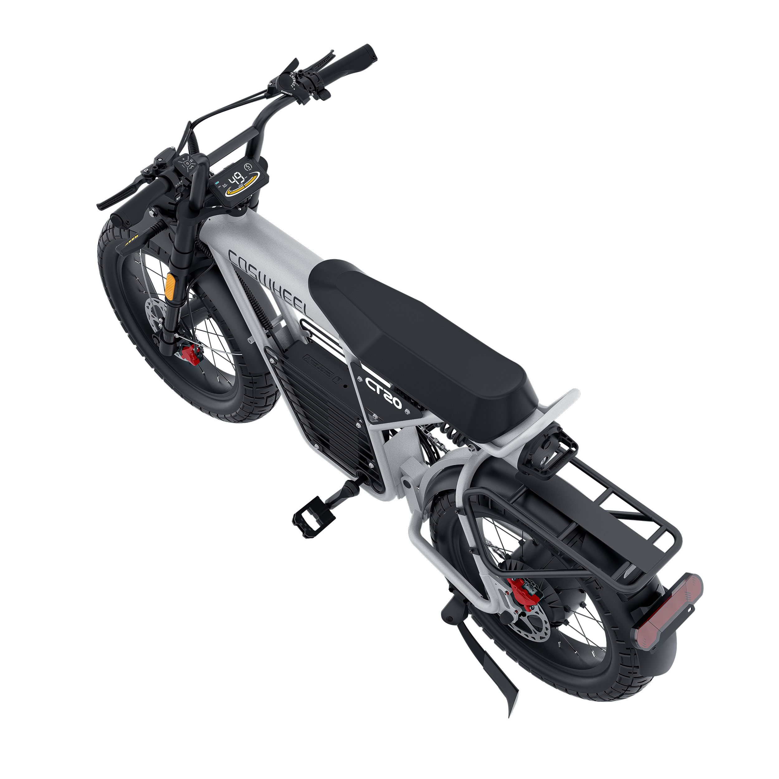 E-bike COSWHEEL CT20, vista dall'alto. Telaio argento, pneumatici neri, portapacchi. Display digitale sul manubrio.