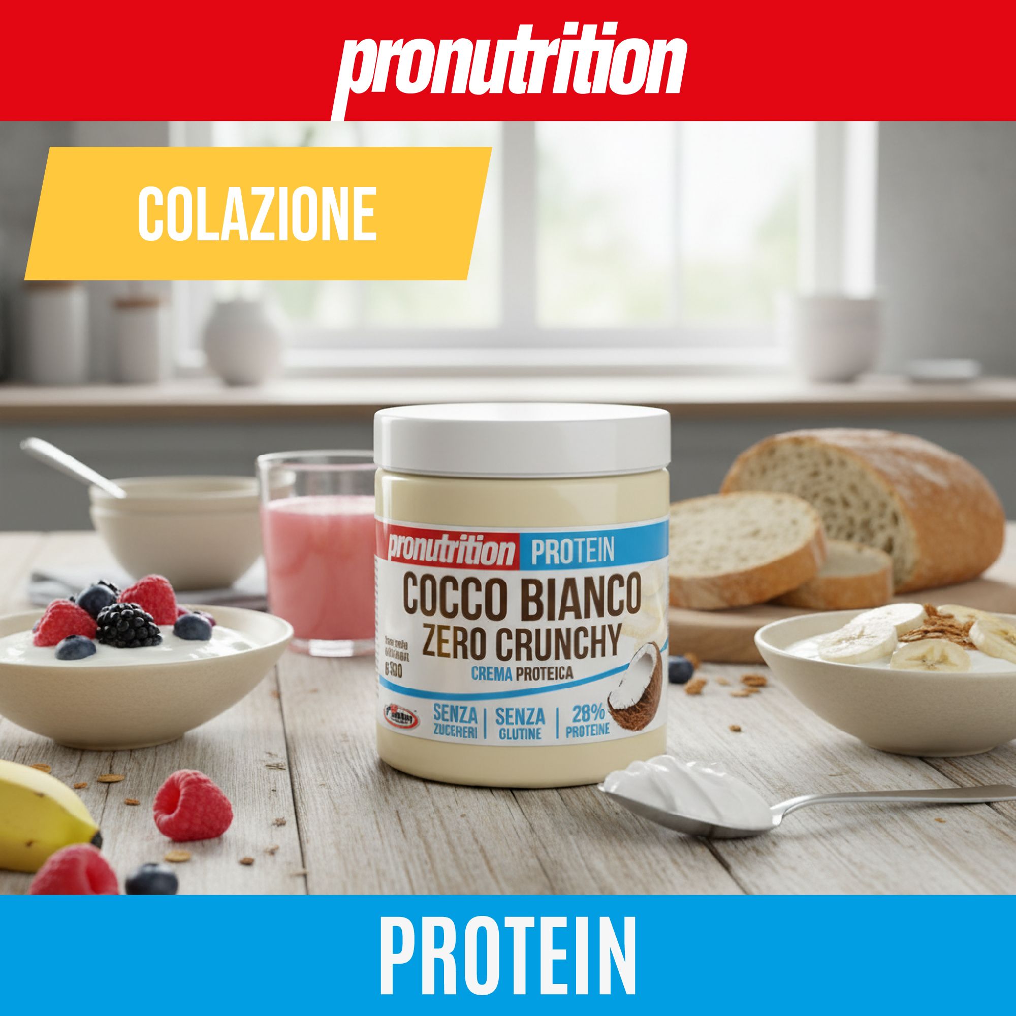 Barattolo di crema bianca, accanto agli ingredienti per la colazione. Testo: COCCO BIANCO ZERO CRUNCHY. Marchio Pronutrition.