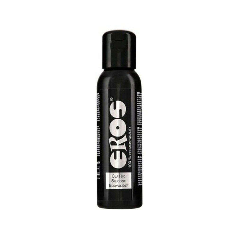 Flacone nero con tappo nero. Scritta: EROS, Classic Silicone Bodyglide, 100% Premium-Quality.