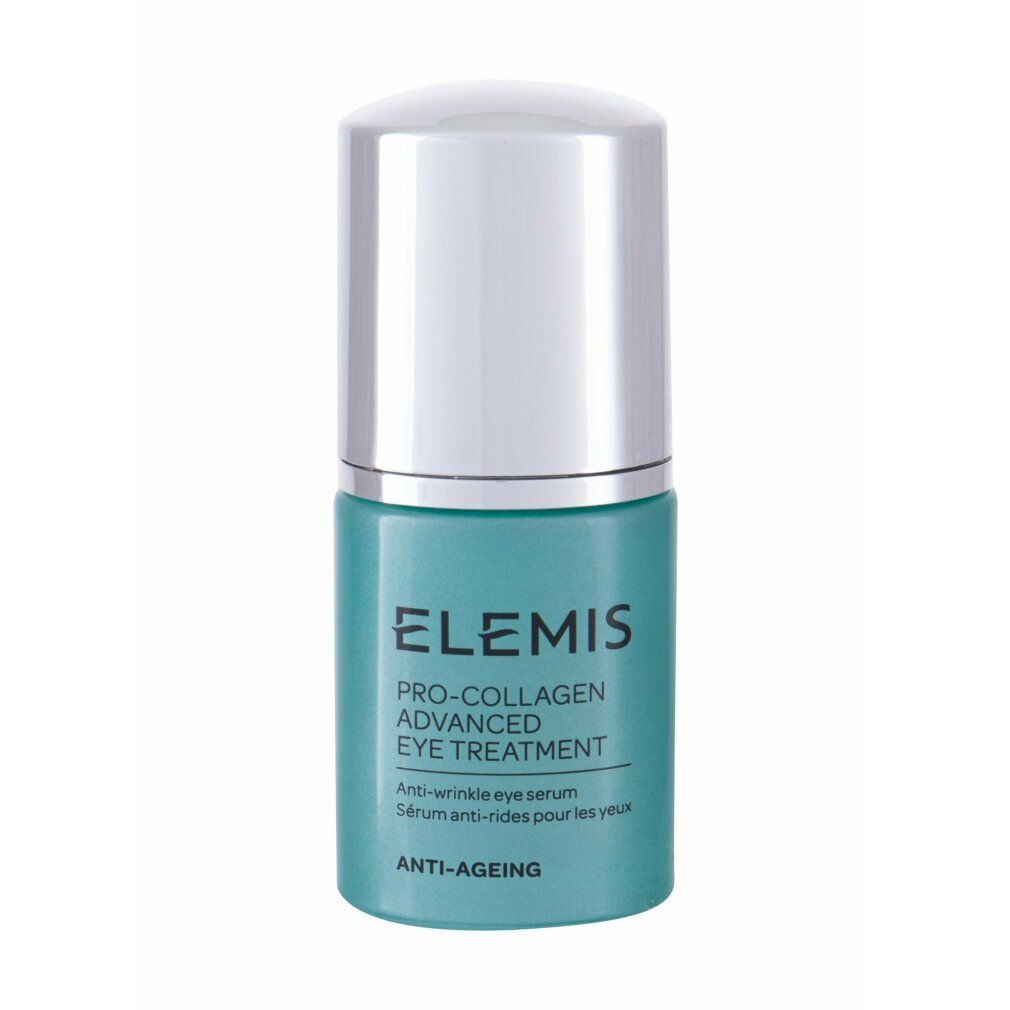 Elemis Pro-Collagen Advanced Eye Treatment. Flacone turchese con tappo argentato. Testo: Anti-età.