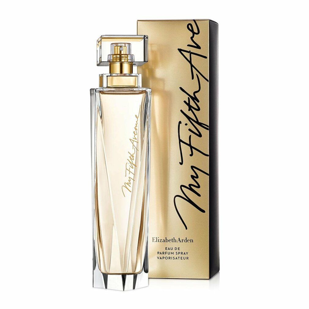 Flacone di profumo e scatola. Scritta dorata: My Fifth Avenue. Flacone con tappo dorato. Scatola con nome del prodotto.