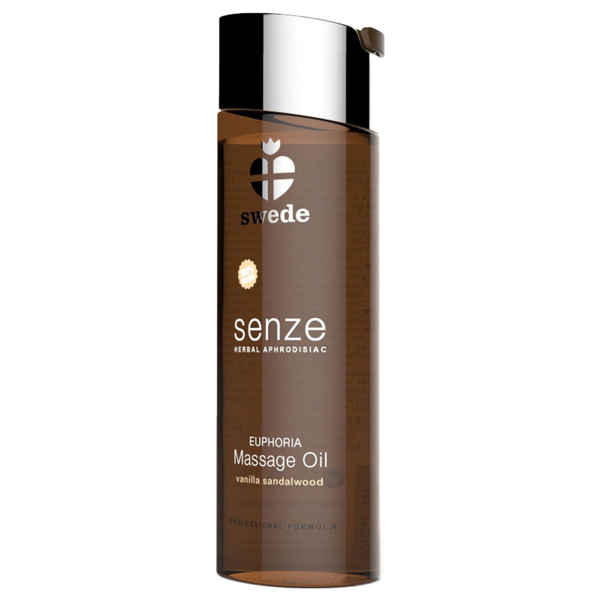 Flacone marrone con tappo argentato. Scritta: Swede, senze, Euphoria Massage Oil, vanilla sandalwood.