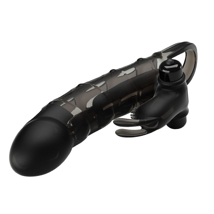 Prolunga peniena nera con stimolazione integrata. Progettata per il comfort. Elementi trasparenti. Design ad anello.