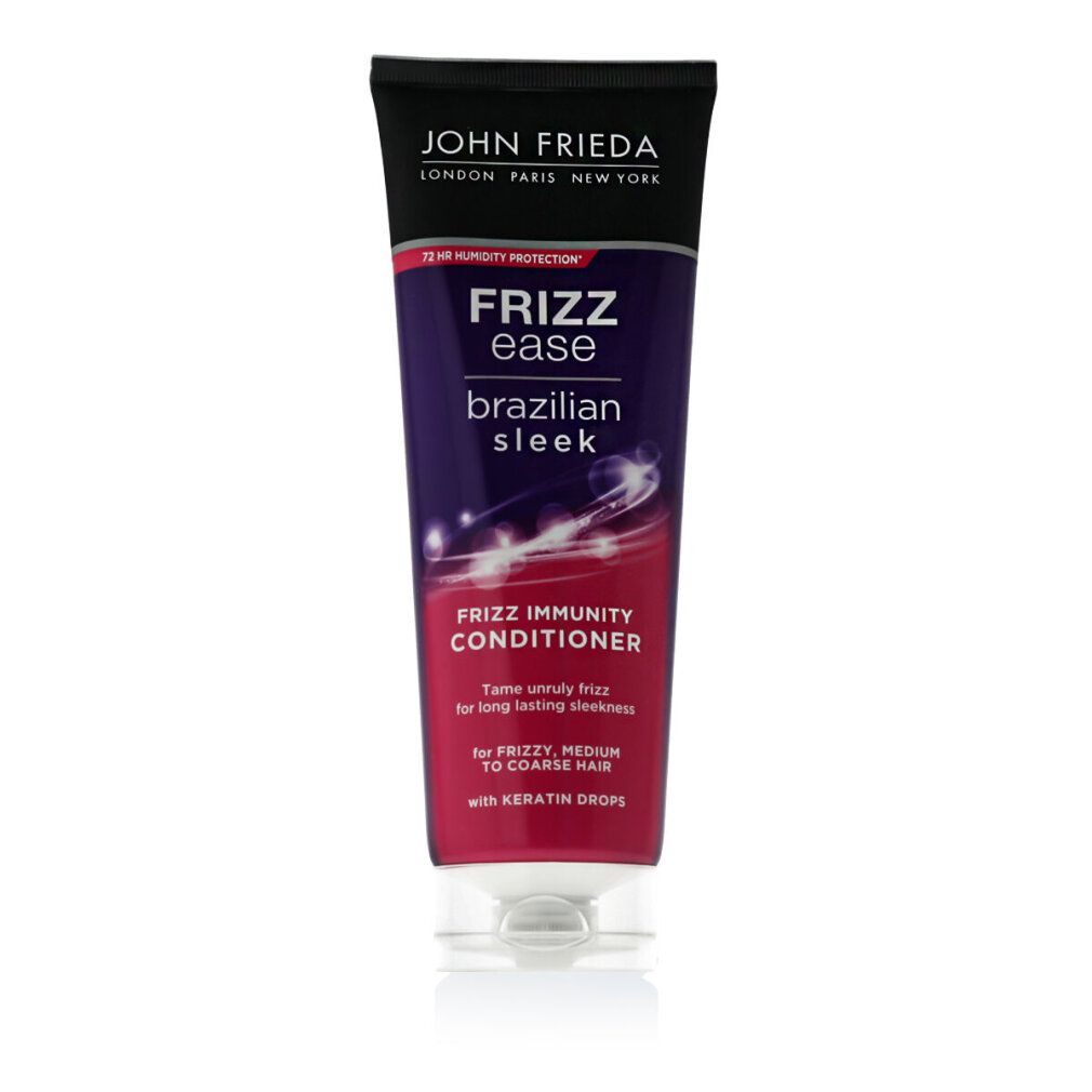 Conditioner John Frieda Frizz-Ease Brazilian Sleek. Tubo viola, rosa e bianco. Tappo nero. Testo: Frizz Ease, Brazilian Sleek.